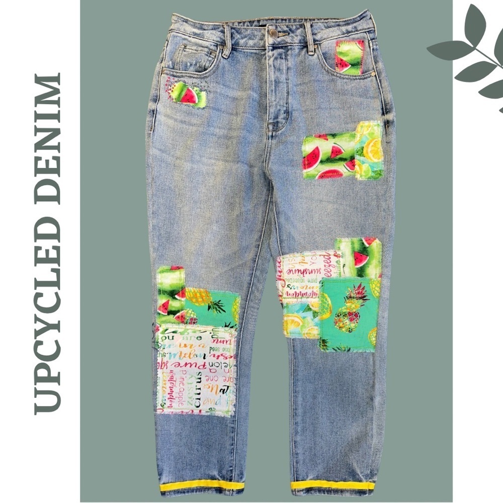 Upcycled High Rise Straight Leg Jeans Patchwork Ribbon Tropical Blue Size 26